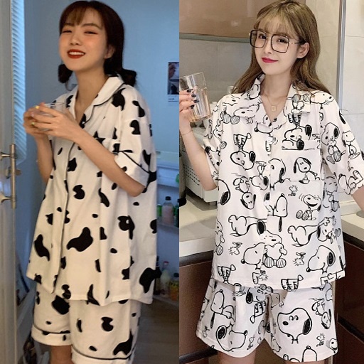 SUSQ1 Đồ bộ Pijama nam nữ ngủ mặc nhà gấu xanh trắng cộc tay cute Quần sooc đùi short ngắn áo cổ vest form rộng unisex