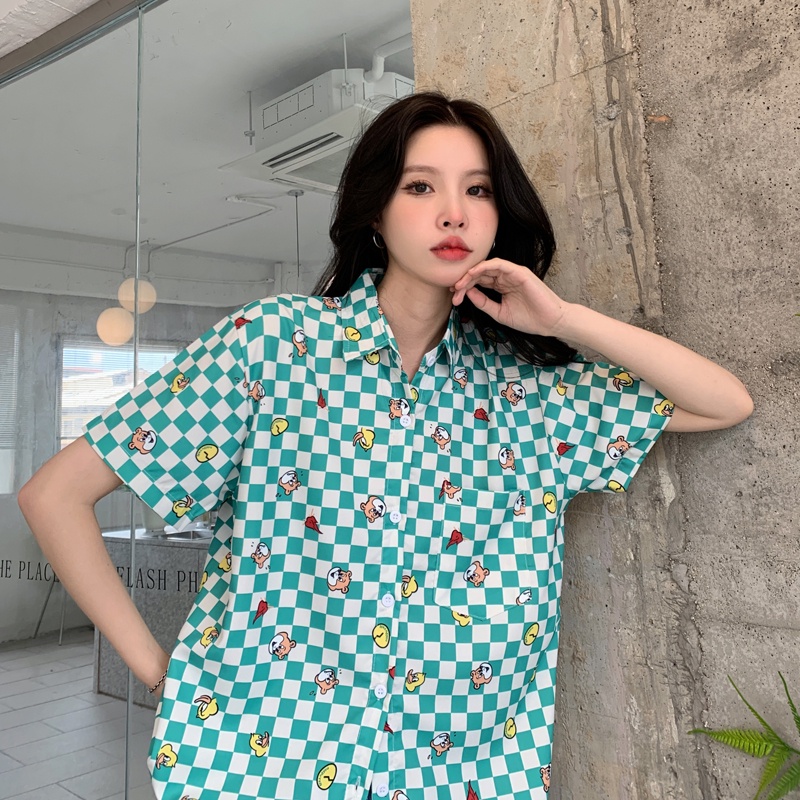 【ZHELIHANGFEI】Áo Sơ Mi Tay Ngắn Form Rộng Họa Tiết Sọc Theo Phong Cách Preppy Dễ Phối Đồ
