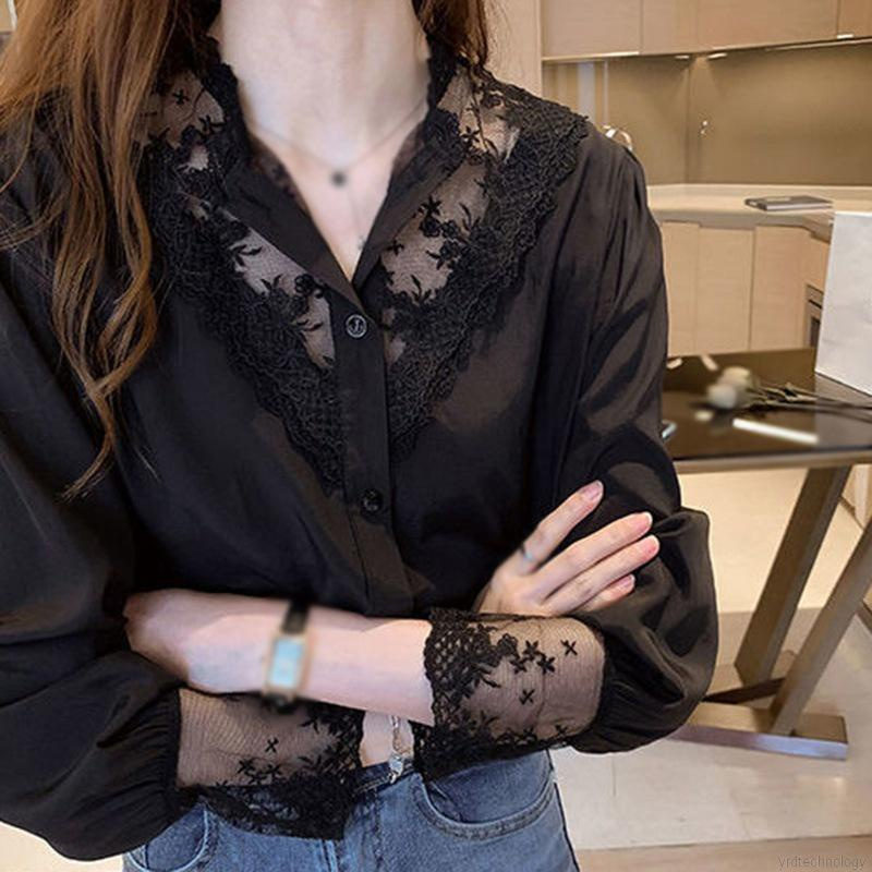 Áo Sơ Mi Chiffon Tay Dài Cổ Chữ V Phối Ren Thời Trang Mùa Hè Cho Nữ