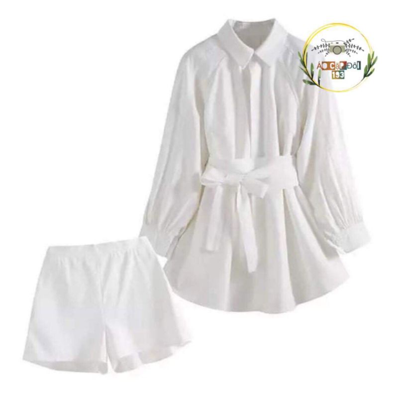 Set bộ: Áo sơmi form dài + thắt lưng obi + Quần short
