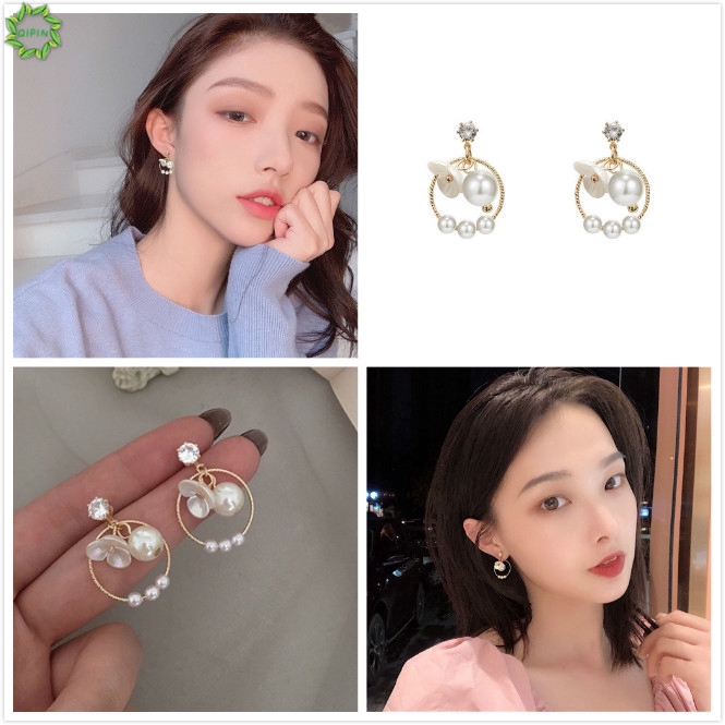 Đôi bông tai đính cườm hình tròn sáng bóng thời trang cho nữ