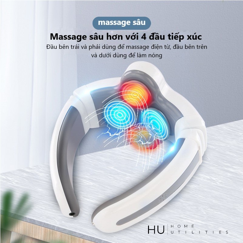 Máy Massage Cổ Thế Hệ Mới Có Chườm Nóng, 4 Đầu Tiếp Xúc, 6 Chế Độ Mat Xa , 9 Cường Độ - Tặng Kèm Tấm Xung Điện Ngoài