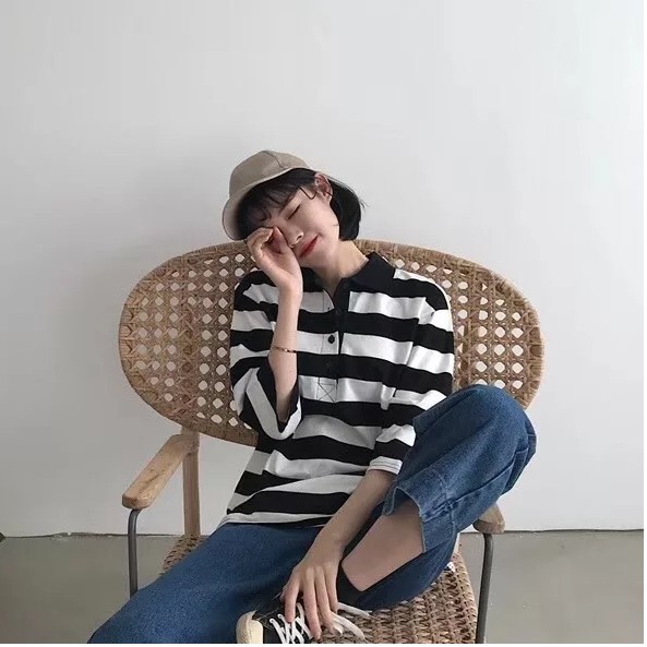 [Kho Sỉ] ÁO POLO TAY LỠ CỘC KẺ ĐEN TRẮNG HOT SLL