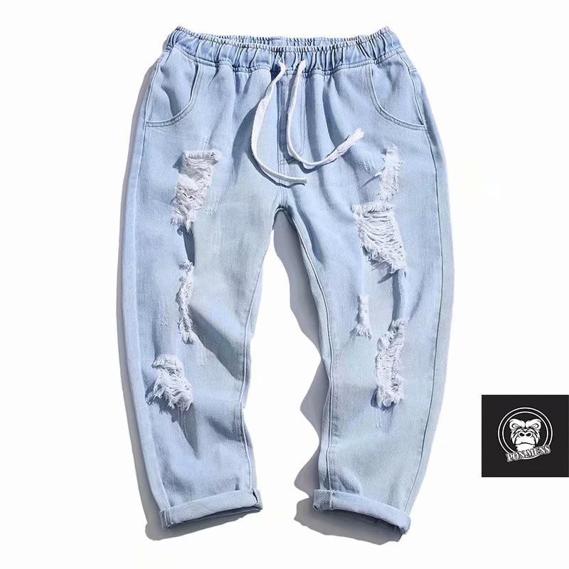 Quần jean baggy rách gối lưng chun tả tơi trông bụi unisex nam nữ 2021 Pon.mens | WebRaoVat - webraovat.net.vn