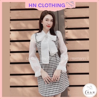 Váy dạ ziczac gắn nơ cổ Đầm nữ thiết kế dự tiệc sang chảnh HN CLothing V147