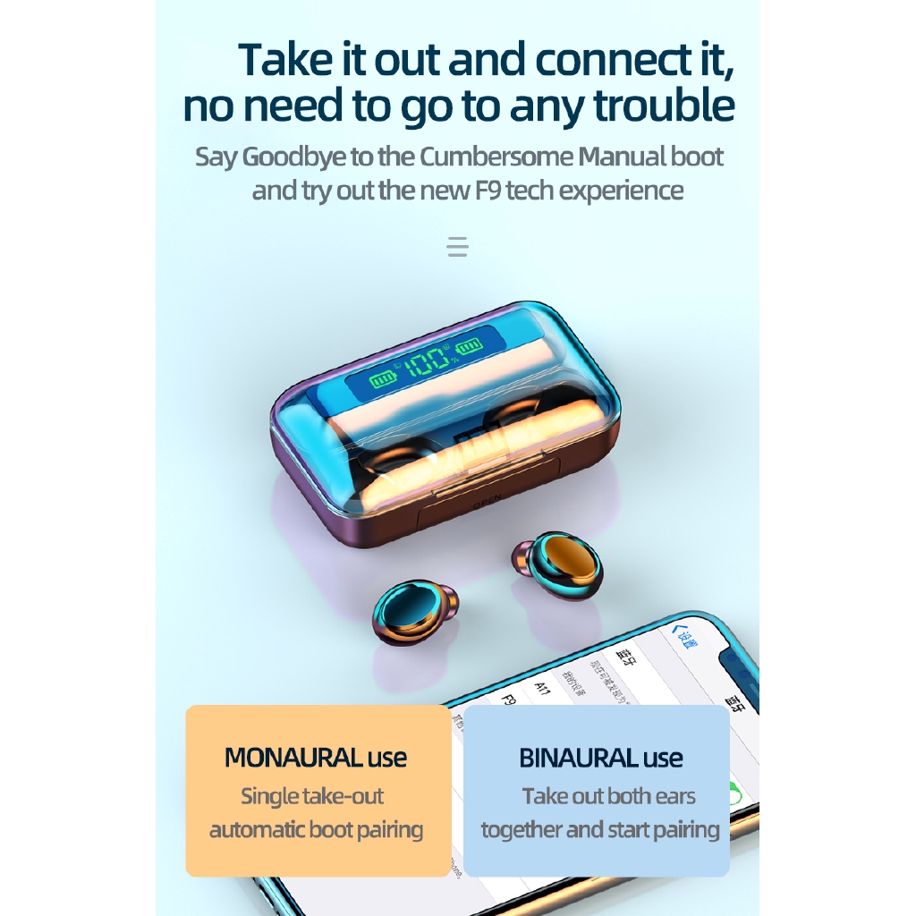 Bộ Tai Nghe Bluetooth Không Dây F9-5C Có Đèn Led Hiển Thị Âm Thanh Sống Động Kèm Sạc Dự Phòng | BigBuy360 - bigbuy360.vn