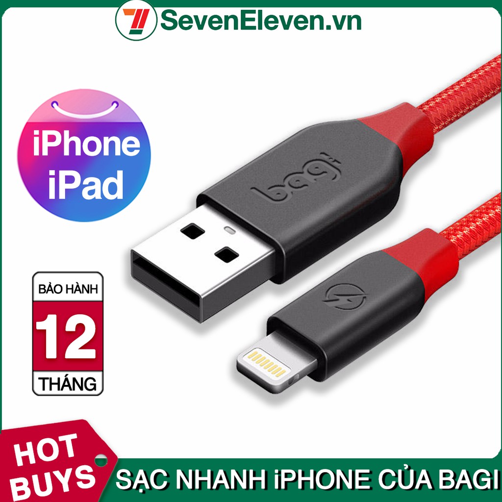 Cáp sạc 1.5m iPhone Bọc dù sạc nhanh màu đỏ cá tính thương hiệu Bagi - Thương hiệu Việt Nam - Bảo hành 12 tháng