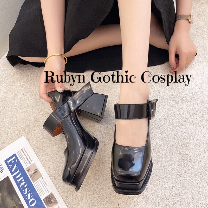 [SẴN - SIZE 1.5 ] ✨ Giày Lolita Gót Vuông Mũi Vuông Gothic Đế Siêu cao 9cm, 21619