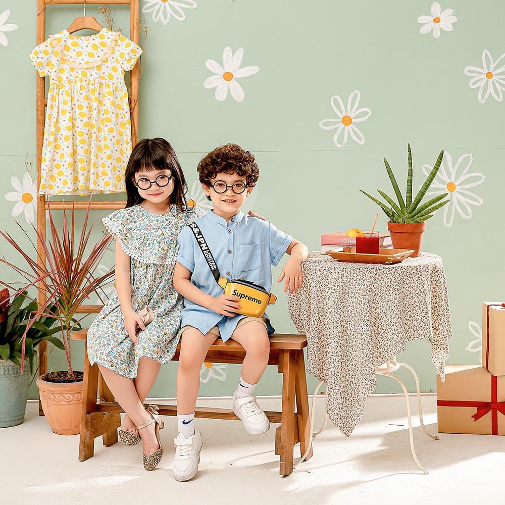 Áo sơ mi bé trai xanh dương cổ Tàu chất linen đũi mềm mịn mát hè thu MamLa