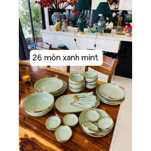 Bộ 26 Món bát đĩa sứ viền vàng Xanh Pastel - Sứ sương Bắc Âu cao cấp