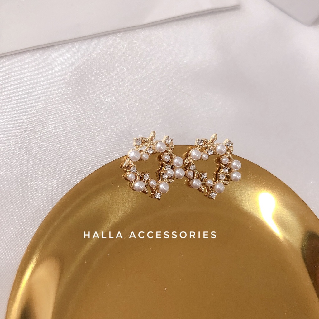 Khuyên tai chuôi bạc S925 Hình hoa nguyệt quế đính đá cao cấp HALLA BT142