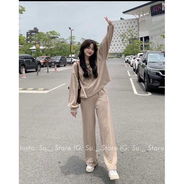 SET BỘ LEN GÂN ÁO HOODIE DÀI TAY CÓ MŨ MIX QUẦN SUÔNG CULOTTES SBLAMQ