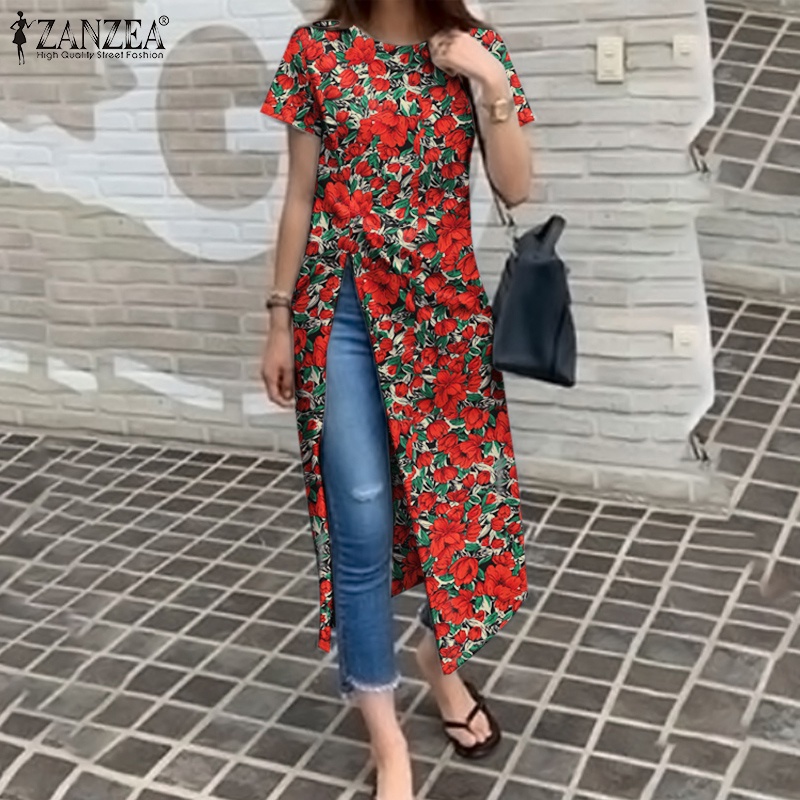 Áo kiểu nữ ZANZEA cổ tròn ngắn tay dáng dài xẻ tà thời trang