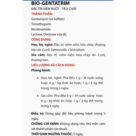Bio- Gentatrim 100g, vi.êm ru.ột, ti.êu ch.ảy trên gia súc, gia cầm