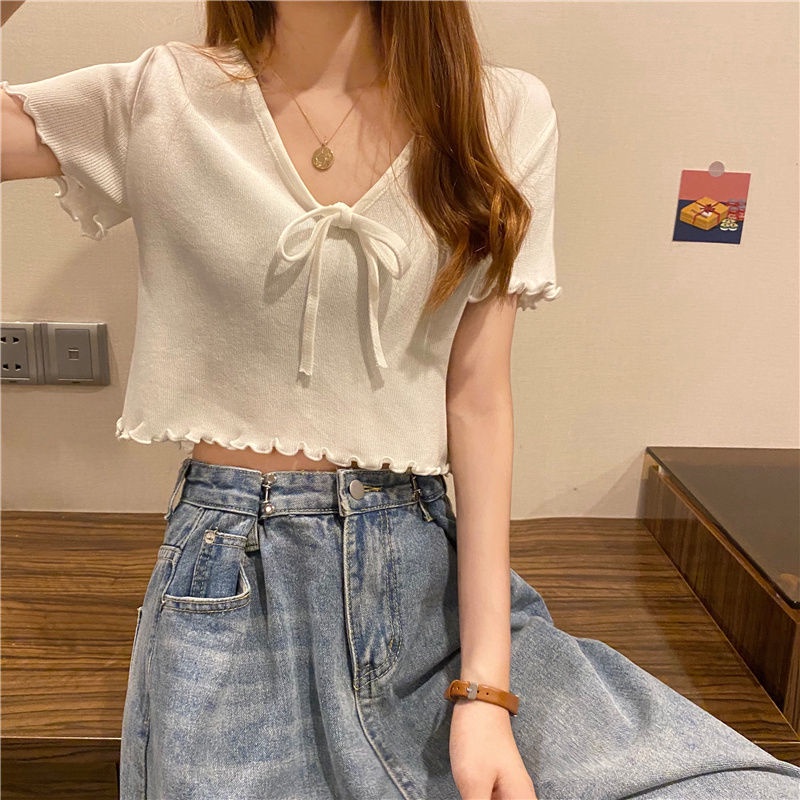 Áo Croptop Tay Ngắn Phối Nơ Màu Xanh Dương JL-TX-279