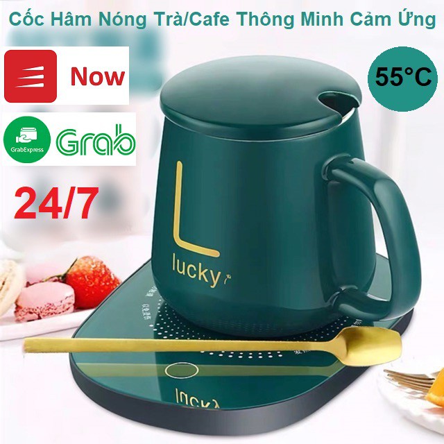 [FREE SHIP - Quà Tặng] Cốc Hâm Nước Lucky, Cốc Giữ Nhiệt Đế Điện Cảm Ứng - Thìa Mạ Vàng - Tặng Túi Đựng