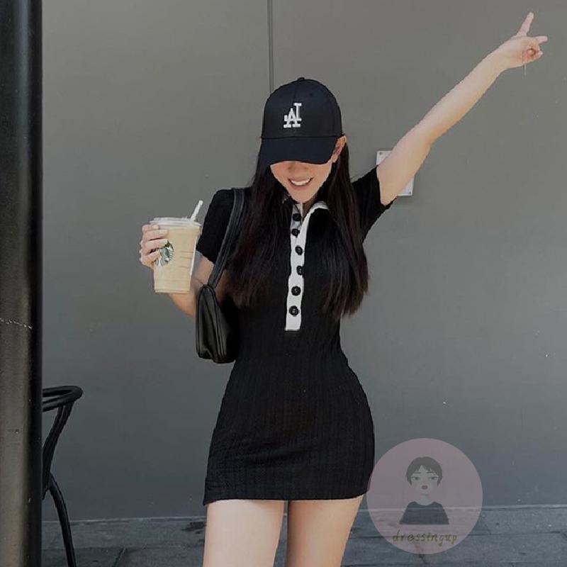 Đầm Dệt Kim Ngắn Tay Ôm Dáng Xẻ Tà Cài Nút Màu Sắc Tương Phản Thời Trang Cho Nữ