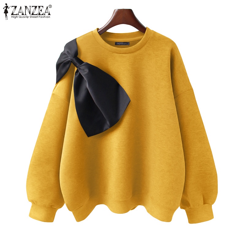 Áo sweatshirt ZANZEA đính nơ tay phồng dài cổ tròn thời trang thường ngày cho nữ