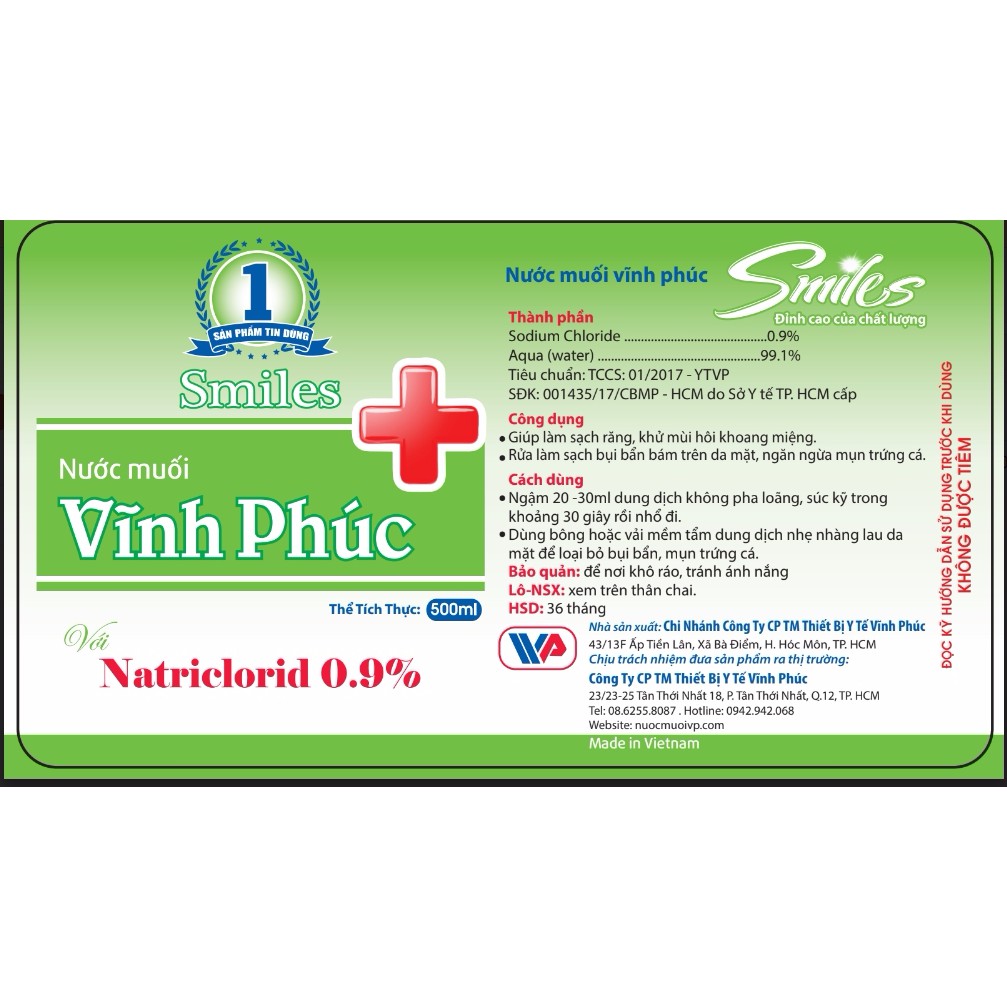 Thùng  nước muối sinh lý Vĩnh Phúc 500ml
