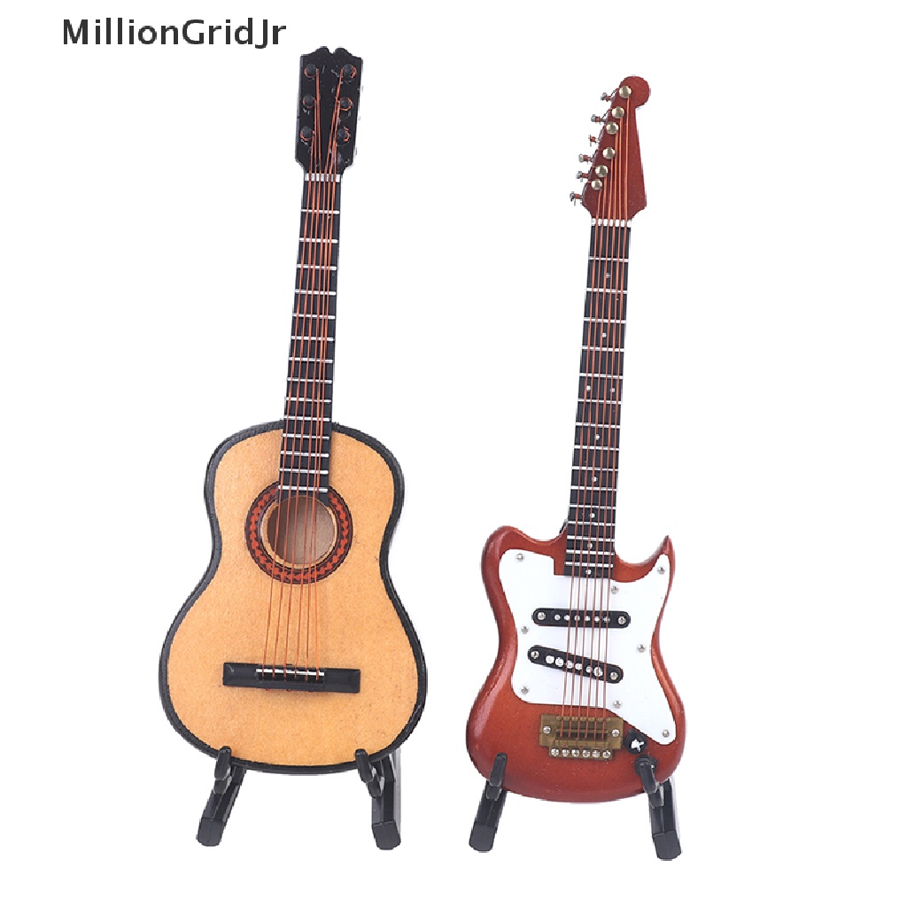 Đàn Guitar Điện Bằng Gỗ Có Chân Đứng Trang Trí Nhà Búp Bê Tỉ Lệ 1 / 6