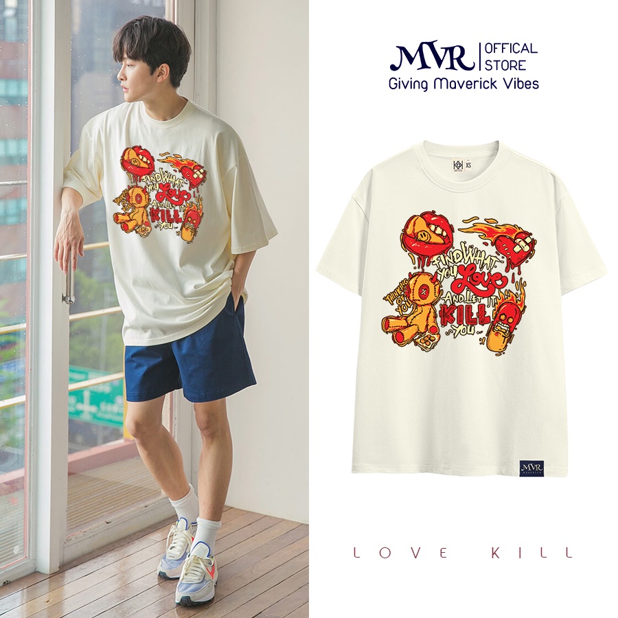 Áo thun trắng tay lỡ unisex gấu ngầu tìm thấy tình yêu của bạn MVR size rộng tee Mỹ BB4118