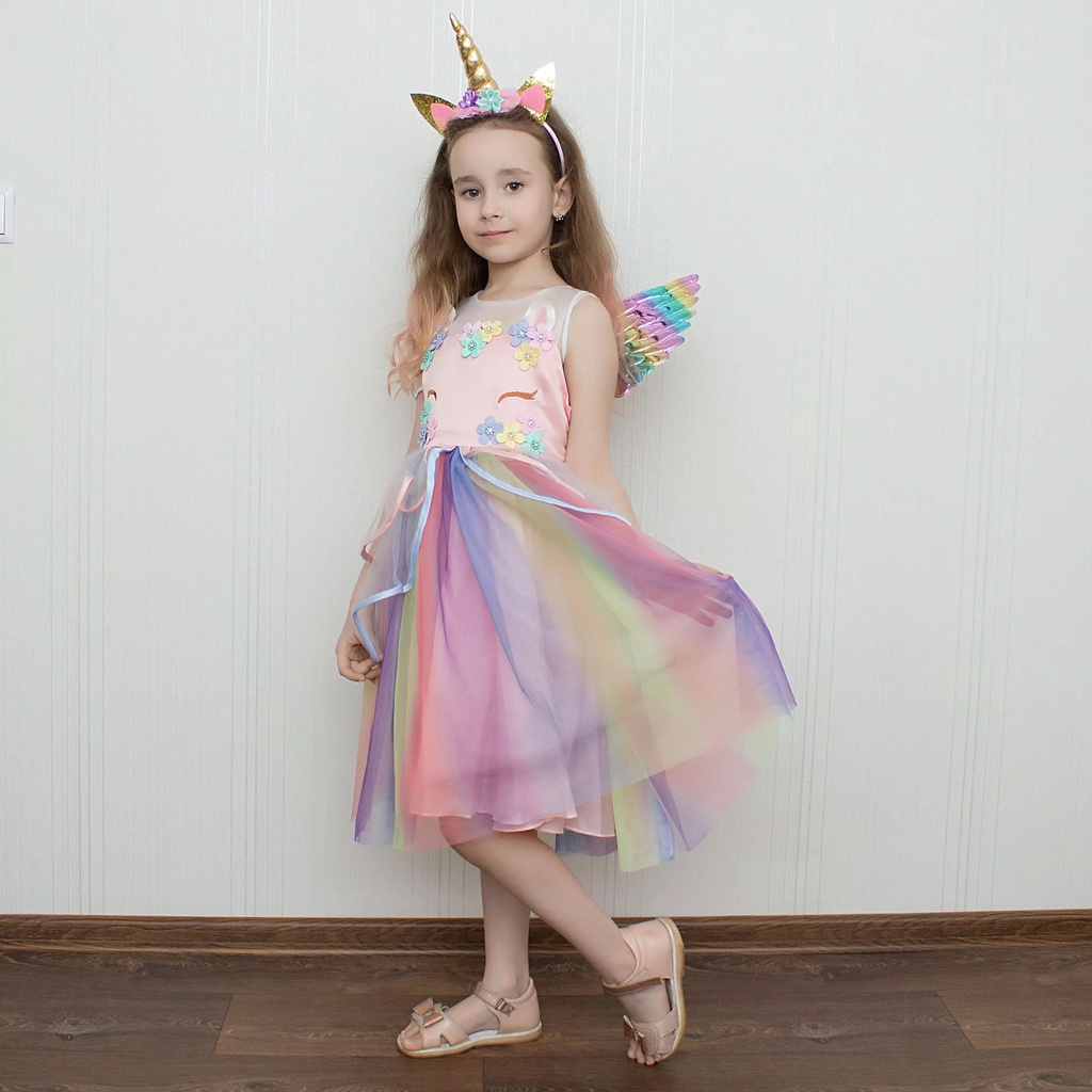 Đầm Công Chúa In Hình Kỳ Lân Cho Bé Gái