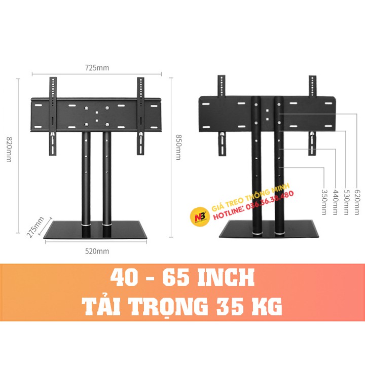 Chân đế tivi đa năng 40 - 50 - 55 - 60 - 65 Inch - Chân tivi để bàn mặt kính cường lực - 2 trụ chịu lực lớn Model: DZ65