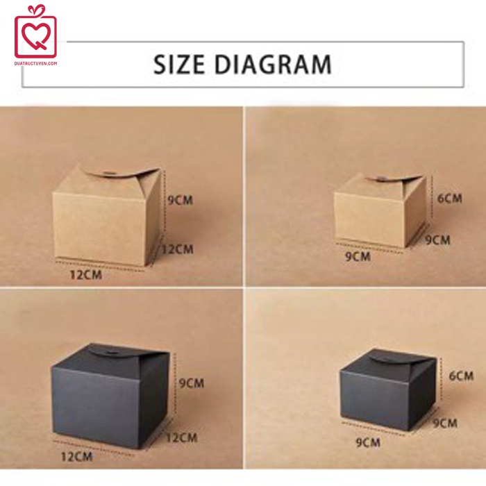 Hộp quà sinh nhật kraft vuông nắp cài thắt nơ kèm rơm lót, hộp giấy kraft mini 2 màu