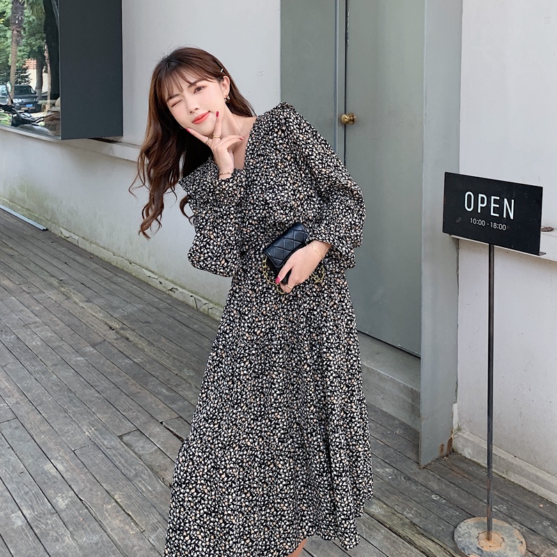 Đầm Maxi Chiffon cổ chữ V in hoa thời trang mùa thu thanh lịch