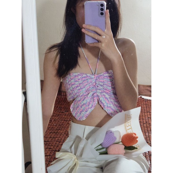 Áo len móc croptop crochet handmade màu sắc ngọt ngào hình thật