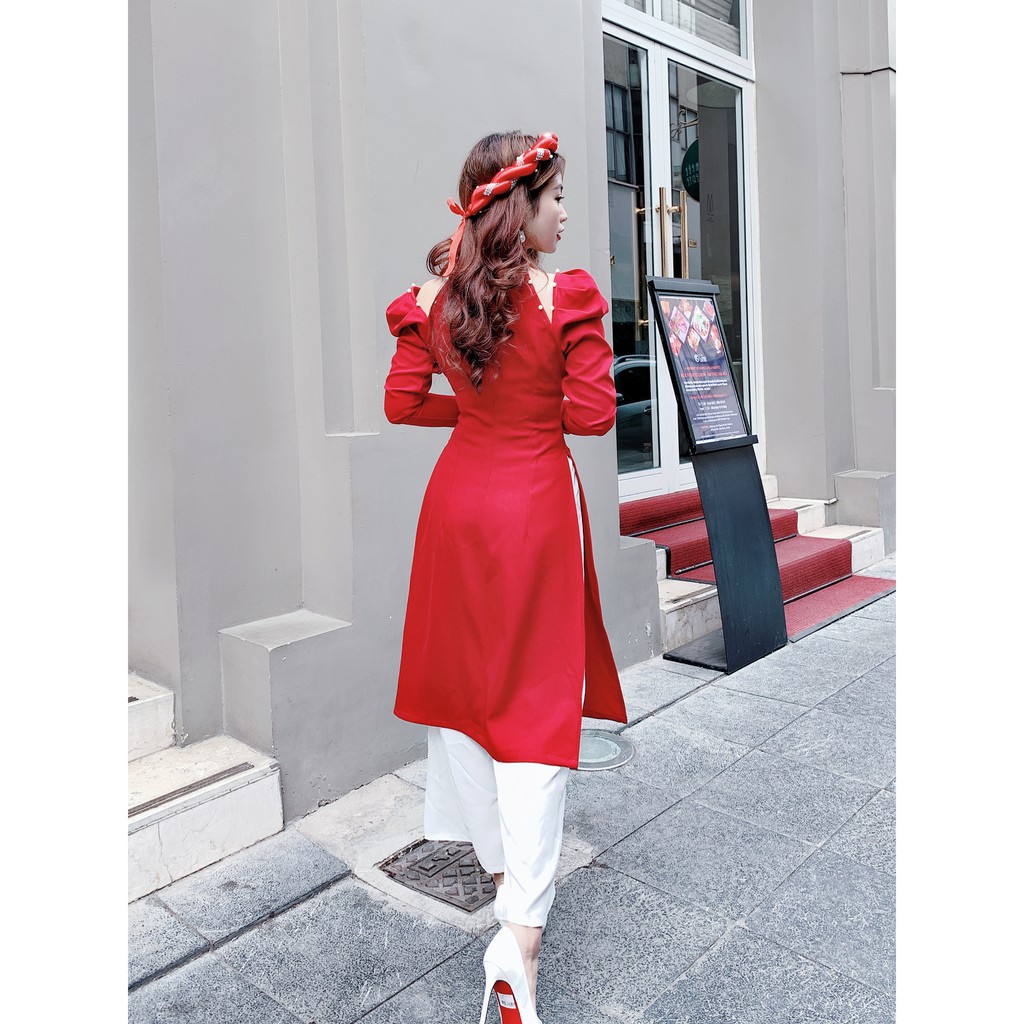 Mặc gì đẹp: Áo dài tết thiết kế cách tân yếm hở vai đính ngọc màu đỏ AD755 KYMIE