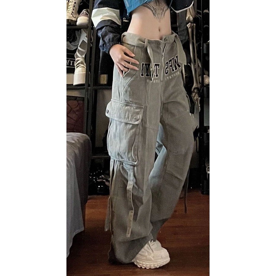 Quần Yếm Dài Ống Rộng Thêu Chữ Màu Xám Thời Trang Mùa Thu Cho Nữ