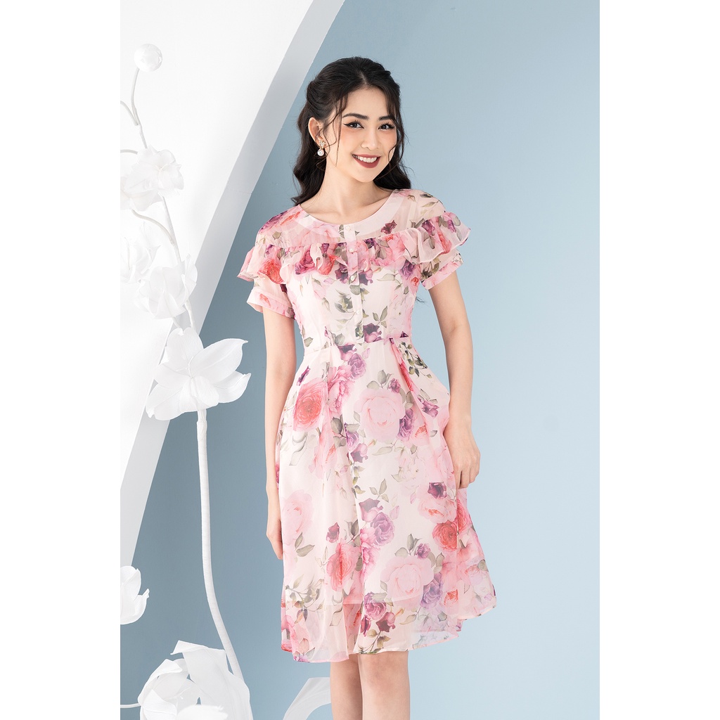 Đầm Tơ Hoa Hồng LFV3285 Thiết Kế Cổ Bèo xinh xắn nữ tính may 2 lớp dài qua gối cho nàng đi làm đi chơi đi biển dạo phố