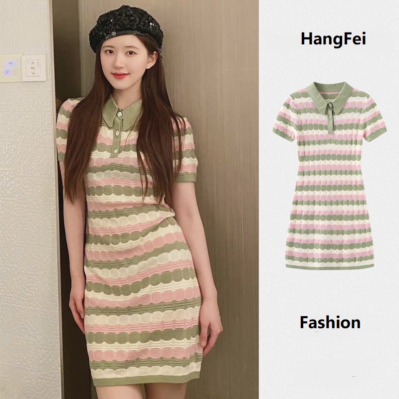 Đầm dệt kim ZHELIHANGFEI kẻ sọc cổ polo dáng ôm phong cách gợi cảm cho nữ