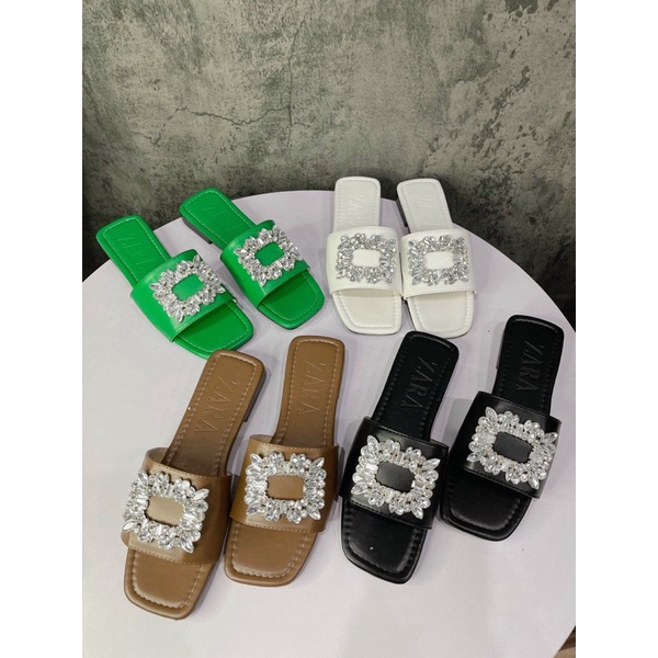 dép lê nữ quai ngang đính hoa đá da lì cao cấp