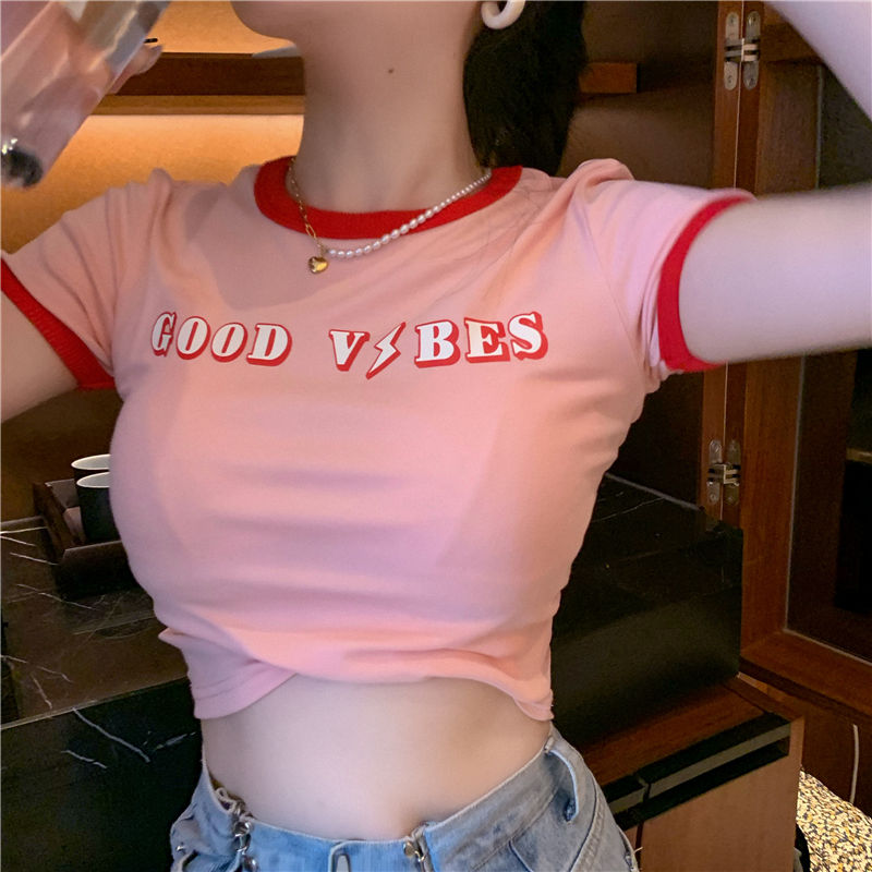 Áo thun tay ngắn ôm dáng màu hồng đào dáng ngắn hở mới thời trang dành cho nữ