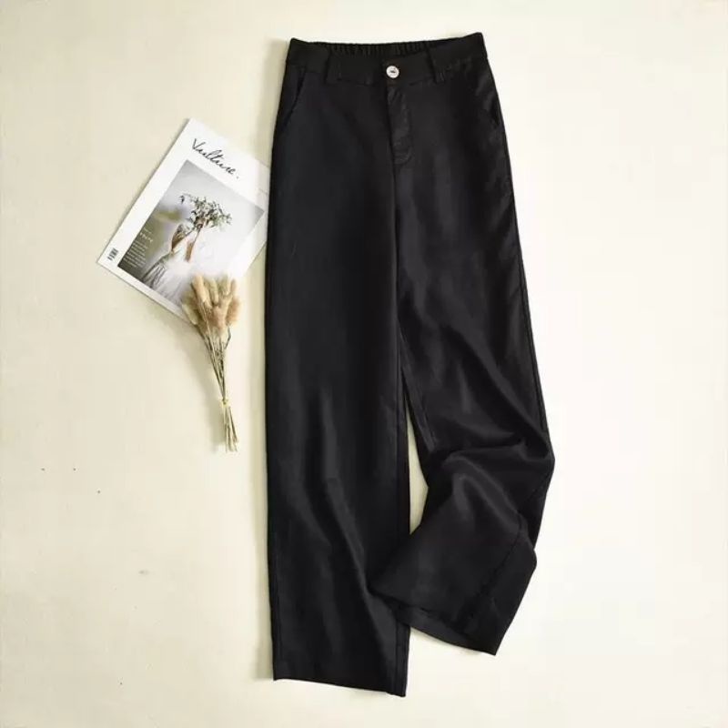 Quần ống rộng vải đũi dáng dài khóa thật lưng thun sau kiểu nhật chất mềm - Quần culottes ống suông dài mặc đi làm ở nhà