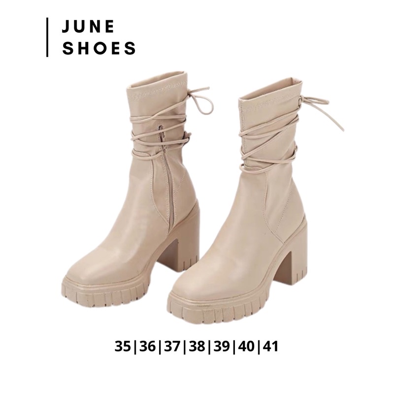 Boots Cổ Cao Nữ JUNESHOES Da Mềm Đế 9cm Màu Đen/Be
