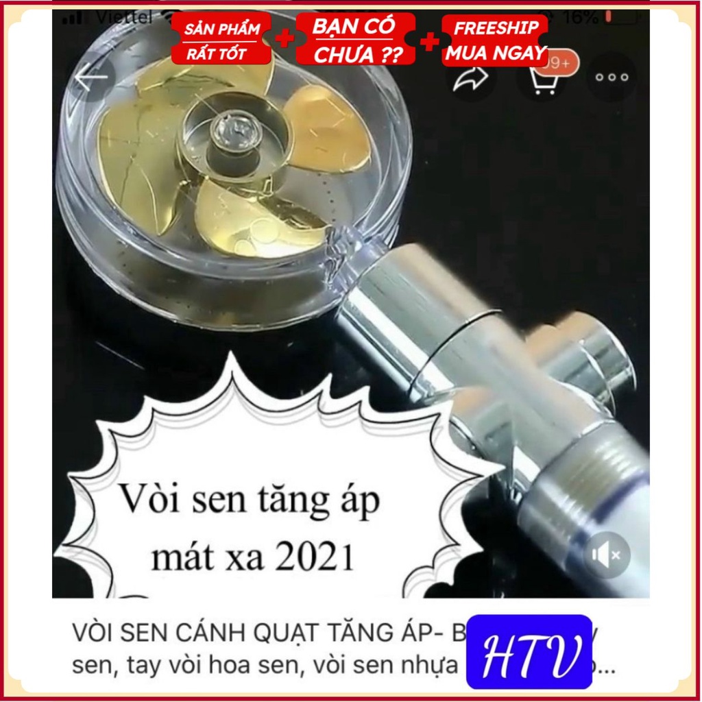 PVN33801 Vòi sen tăng áp cánh quạt đầu xoay 360 độ có nút nhấn