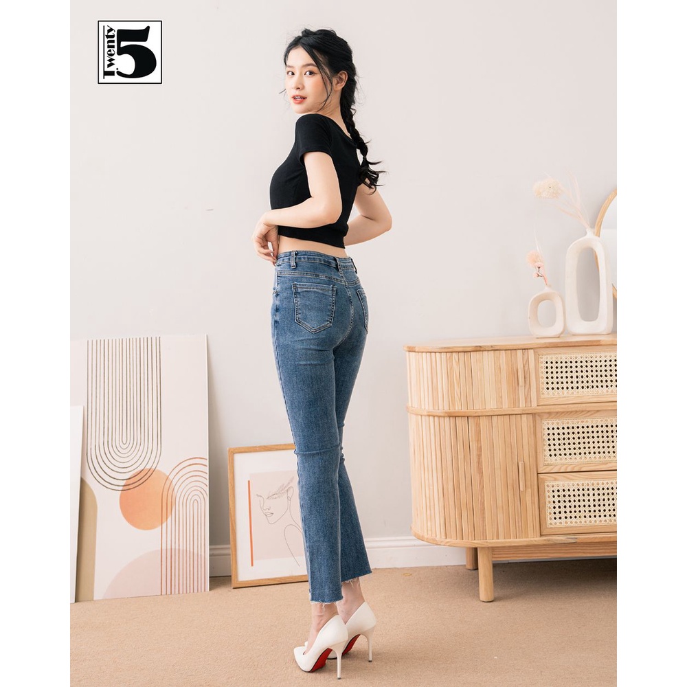 Quần jeans nữ ống loe cạp cao tôn dáng cắt gấu vải co dãn cực tốt Twentyfive 4152