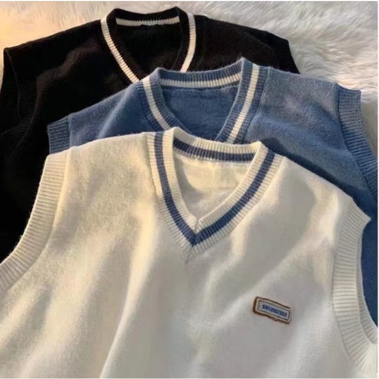 Áo sweater dệt kim sát nách dáng rộng cổ chữ V in màu đơn giản bắt mắt