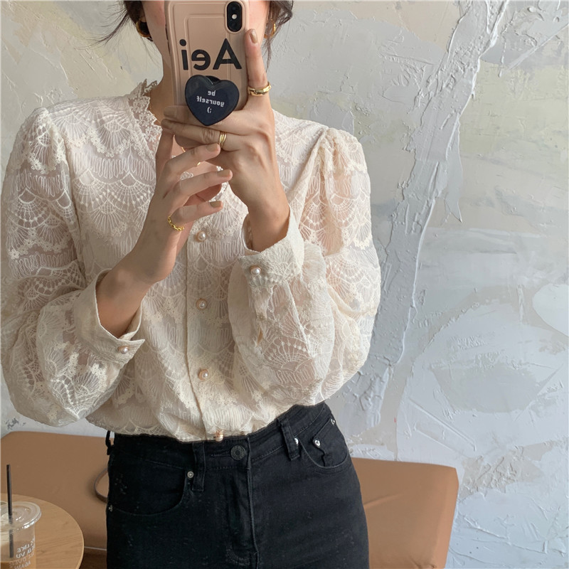 38821 Chic embroidery crochet  bottoming lace shirt women top