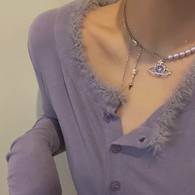 1 Vòng Cổ Choker Đính Đá Và Ngọc Trai Nhân Tạo Màu Tím Phong Cách Hàn Quốc Cổ Điển Cho Nữ