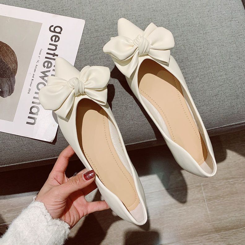 Giày Búp Bê Da Mềm Mũi Nhọn Đính Nơ Thời Trang Mùa Hè 2022 Cho Nữ