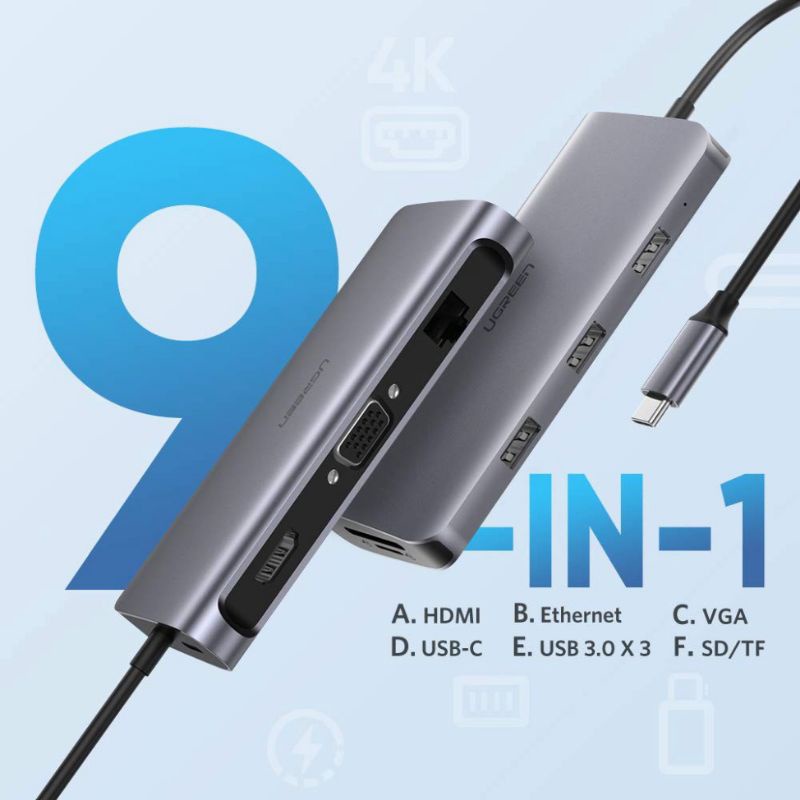 HUB bộ chuyển đổi đa năng USB Type C sang các cổng HDMI+VGA+3 cổng USB 3.0+Lan Gigabit RJ45 + SD,TF Ugreen 40873 CM212