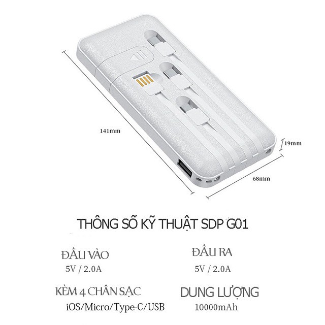 Sạc Dự Phòng SD G01 Tích Hợp 4 Cáp Sạc Micro, Lingtning, TypeC Cho Xiaomi Samsung IPhone Oppo, Pin 10.000mAh