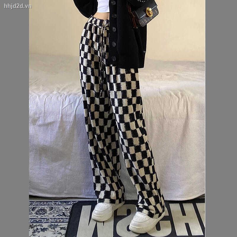 Quần dài ống rộng dáng suông in họa tiết caro/đen viền hông thời trang thu đông hàng mới
