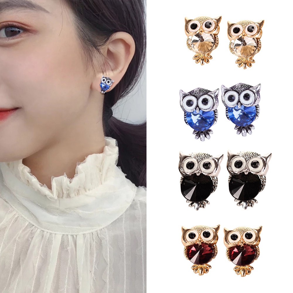 Hoa tai mặt hình chim cú đính đá cho nữ