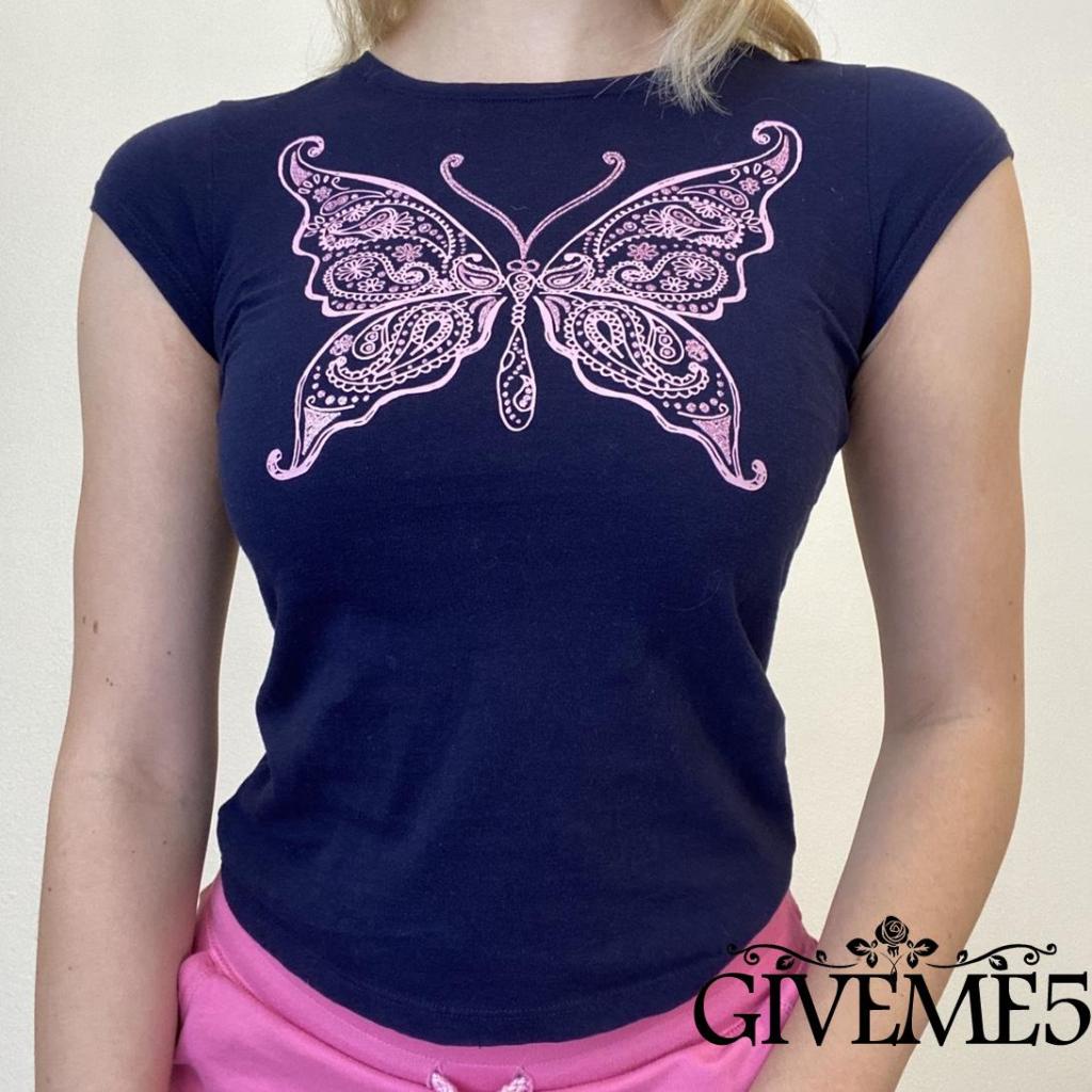 GIVEME-Women’s Casual Short Sleeve T-shirt Vintage Printing Round Neck Exposed Navel Slim Fit Tops