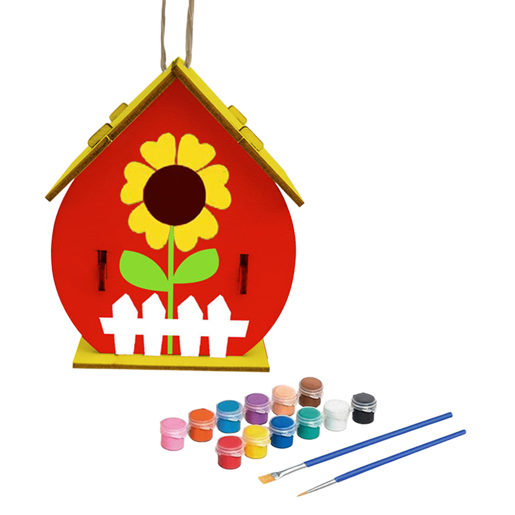 Enjoylife Art Craft Wood Toys 3D Painting Puzzle Bird House DIY Wooden Assembly Model Building Kits with 12 Color Pigments & Brush for Kid Educational Gifts
